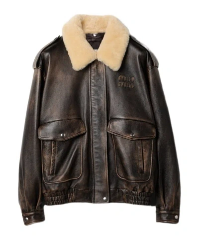Miu Miu Logo-lettering Leather Jacket In Black
