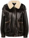 Miu Miu Leather Jacket With Shearling Collar In Brown