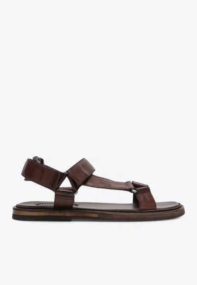 Miu Miu Logo Lettering Leather Sandals In Brown
