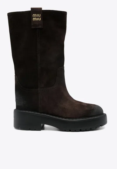 Miu Miu Logo Lettering Mid-calf Suede Boots