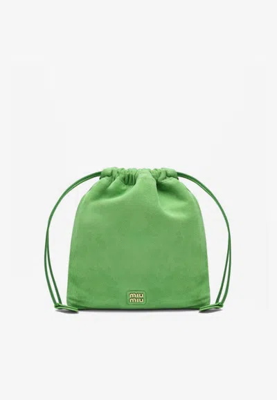 Miu Miu Logo Lettering Suede Pouch In Green
