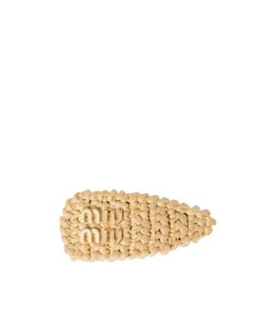 Miu Miu Logo-lettering Woven Hair Clip In Neutrals