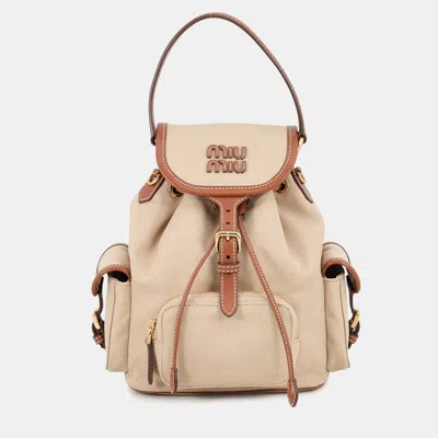 Pre-owned Miu Miu Logo Medium Beige Canvas Leather Backpack Bag