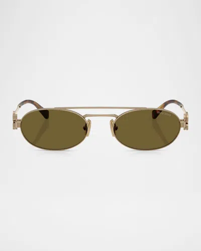 Miu Miu Logo Metal Oval Sunglasses In 7oe09z53 Dark Brown