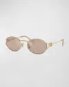 Miu Miu Logo Oval-frame Sunglasses In Pale Gold