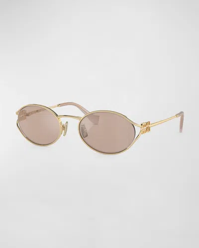 Miu Miu Logo Oval-frame Sunglasses In Gold Warm Taupe