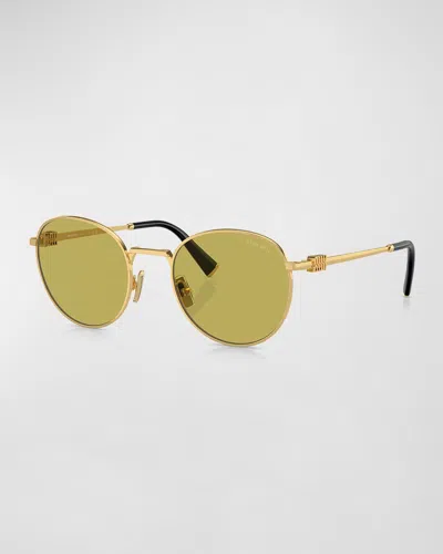 Miu Miu Logo Metal Round Sunglasses In 5ak07o Gold