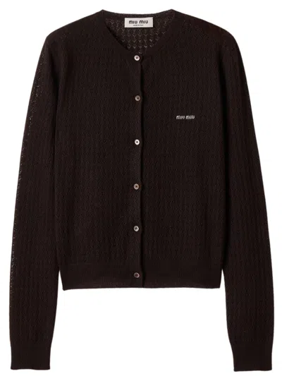 Miu Miu Logo Mini Openwork Cashmere-silk Cardigan With Mother-of-pearl Buttons In Brown