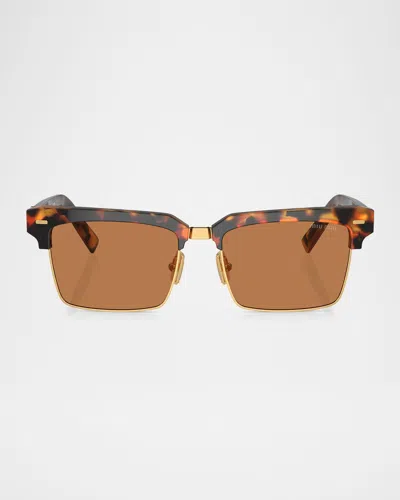 Miu Miu Logo Mixed-media Square Sunglasses In Lite Havana