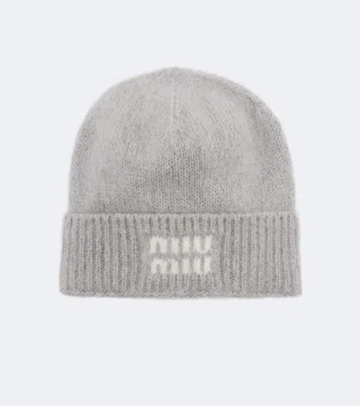 Miu Miu Logo Mohair-blend Beanie In Grey