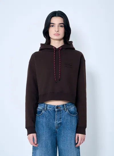 Miu Miu Long-sleeved Hooded Hoodie In Brown