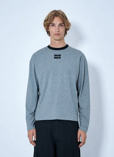 Miu Miu Logo Motif Long Sleeve T-shirt In Grey