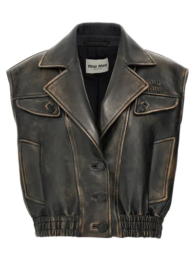 Miu Miu Logo Nappa Vest Gilet Brown