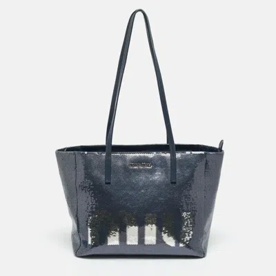 Pre-owned Miu Miu Logo Navy Blue Leather And Sequins Tote
