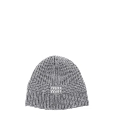 Miu Miu Logo-patch Beanie Hat In Gray