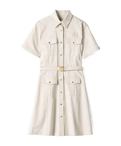 Miu Miu Logo-patch Belted Shirt Dress In Gray