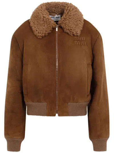 Miu Miu Logo-patch Bomber Jacket In Brown