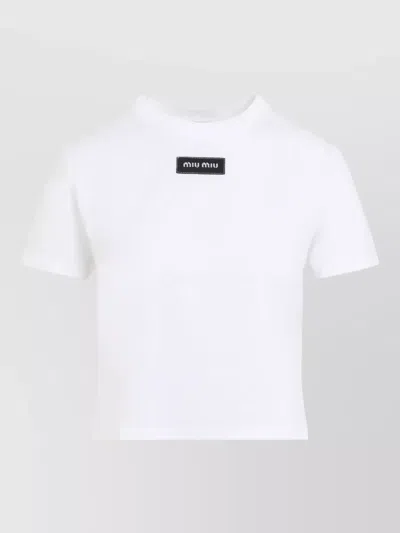 Miu Miu Logo Patch Cotton Jersey Crew T Shirt In White