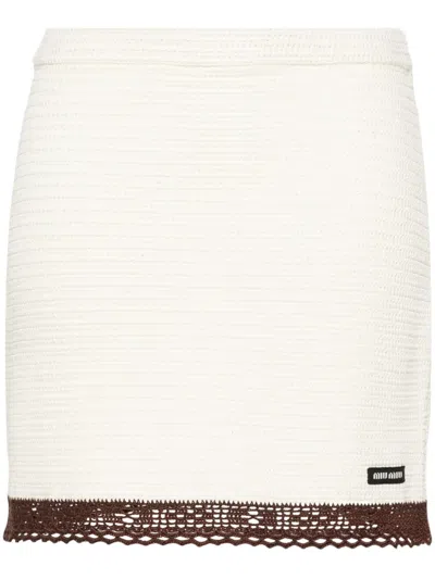 Miu Miu Logo-patch Crochet Miniskirt In Neutrals