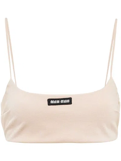 Miu Miu Stretch Jersey Top With Logo In F0770 Cammeo