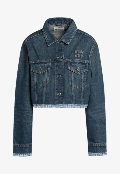 Miu Miu Logo Patch Cropped Denim Jackets In Blue