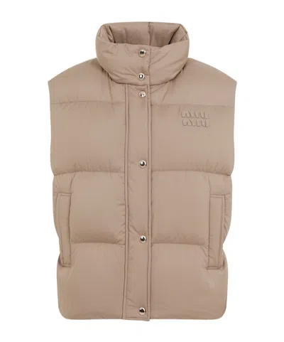 Miu Miu Logo-patch Down Gilet In Nude