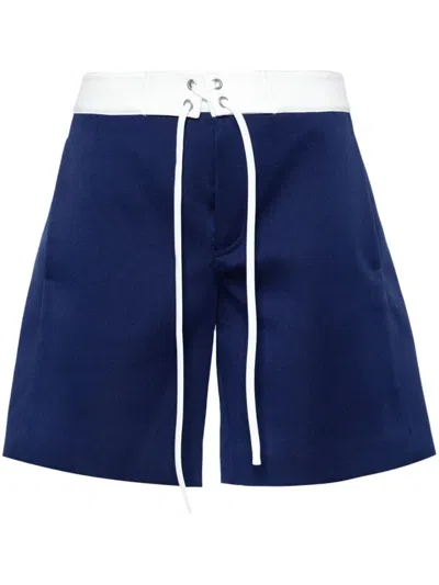 Miu Miu Logo-patch Felted Shorts In Inchiostro+bianco