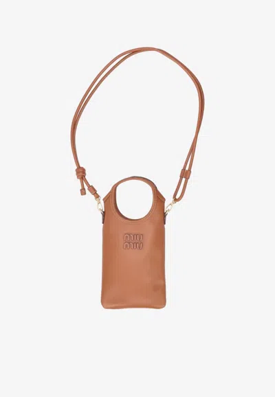Miu Miu Logo Patch Leather Phone Holder In Brown