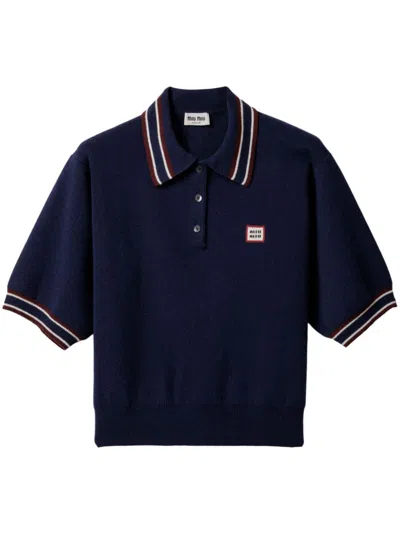 Miu Miu Logo-patch Polo Sweater In Blue