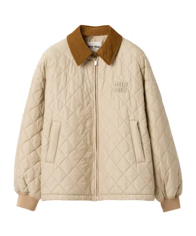 Miu Miu Logo-patch Quilted Jacket In Nude