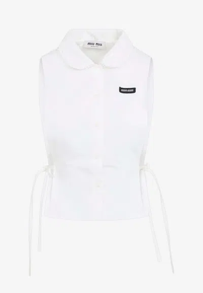 Miu Miu Logo Patch Sleeveless Cropped Shirt In White