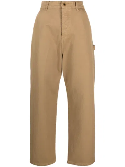 Miu Miu Logo-patch Straight-leg Cotton Trousers In Brown