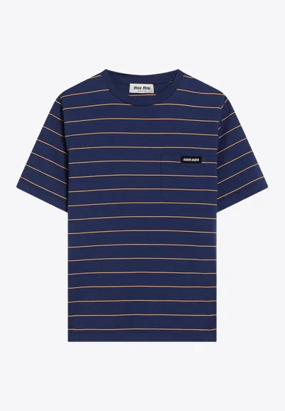Miu Miu Logo Patch Striped T-shirt In Blue