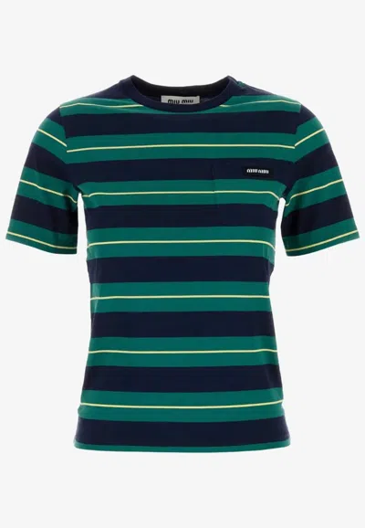 MIU MIU LOGO PATCH STRIPED T-SHIRT