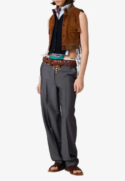 Miu Miu Logo Patch Suede Leather Vest In Brown