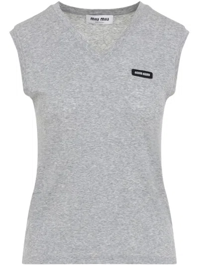 Miu Miu Logo-patch T-shirt In Grey