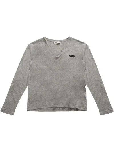 Miu Miu Logo-patch T-shirt In Grey