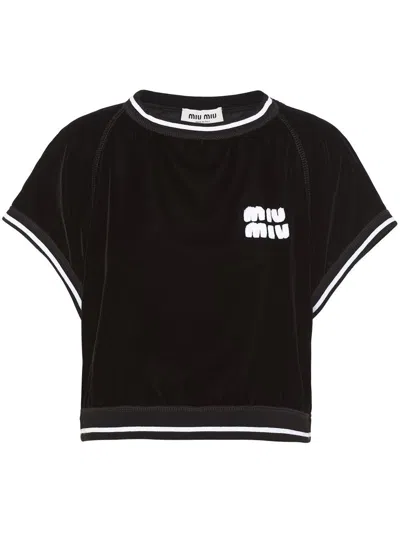 Miu Miu Logo-patch Velvet Cropped T-shirt In Black