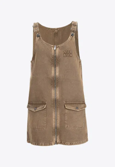 Miu Miu Logo Patch Washed Denim Mini Dress In Brown