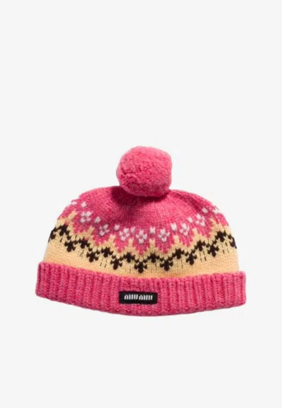 Miu Miu Logo Patch Wool Beanie In Pink