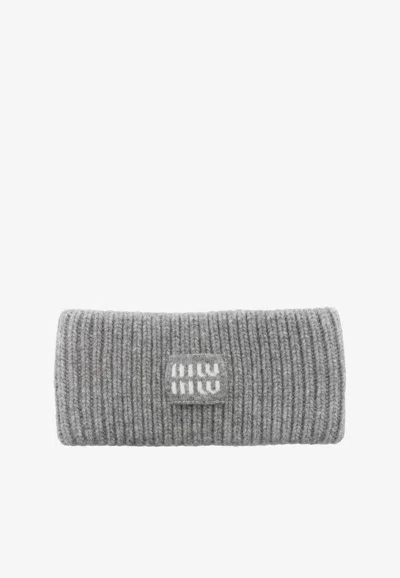 Miu Miu Logo Patch Wool-blend Headband In Gray