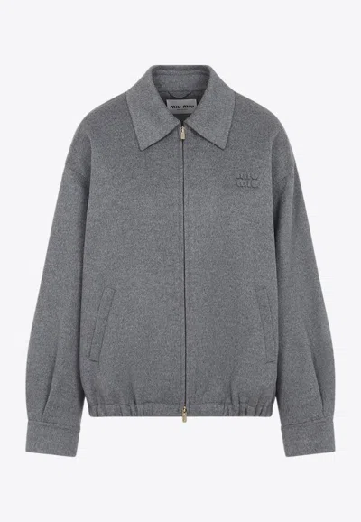 Miu Miu Logo-patch Zip-up Bomber Jacket In Wool In Gray
