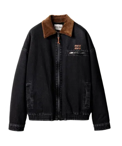 MIU MIU MIU MIU LOGO-PATCH ZIPPED DENIM PADDED JACKET