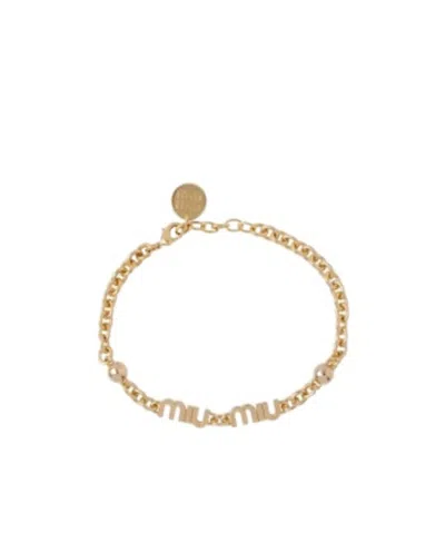 Miu Miu Logo-plaque Chain Bracelet In Yellow