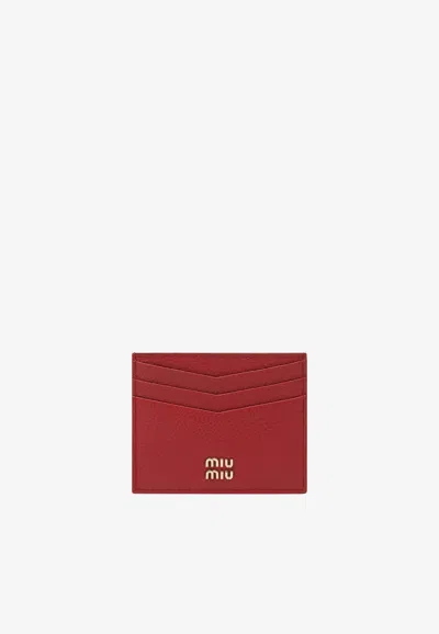 Miu Miu Logo Plaque Leather Cardholder In Red