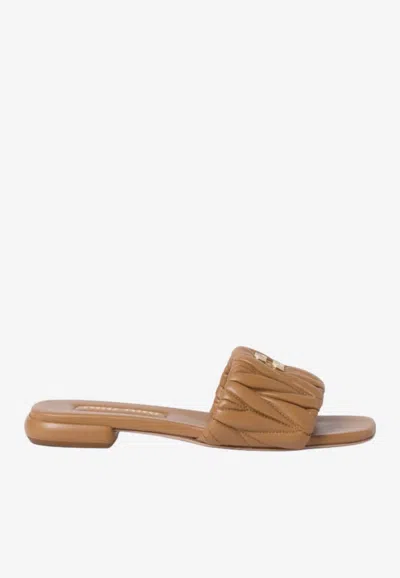 Miu Miu Logo Plaque Matelassé Leather Flat Sandals In Brown
