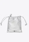 Miu Miu Logo Plaque Metallic Leather Pouch Bag In Silver