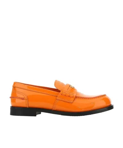 Miu Miu Logo-plaque Patent-leather Loafers In Orange