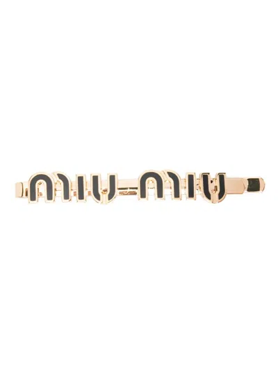 Miu Miu Logo-plaque Polished Hair Pin In Gold