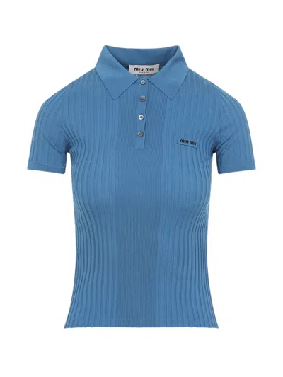 Miu Miu Logo-plaque Polo Top In Blue